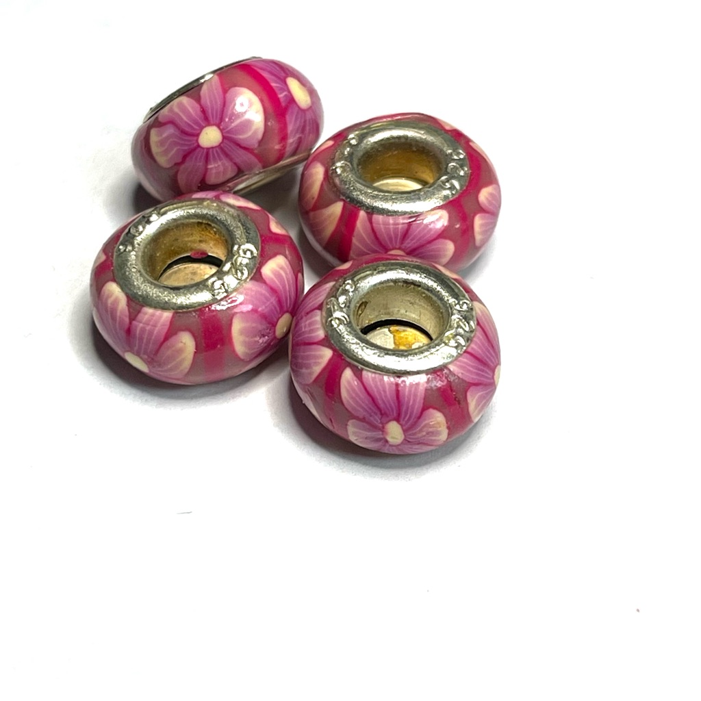 Pink Floral Beads With Silver Accents